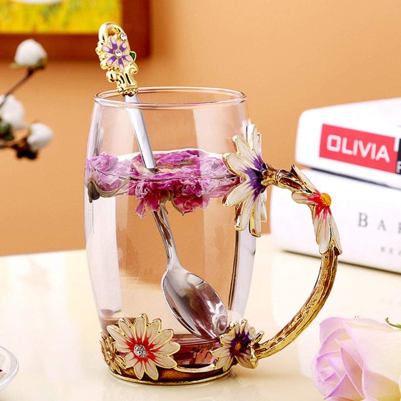 DasyFly Daisy Flower Tea Cup,Handmade Glass Enamel Coffee Mugs with Delicate Spoon,Birthday Gift for Wife,Mum,Girlfriend,Teacher - Image 2